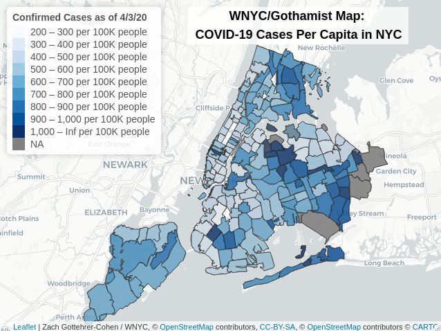 A map showing coronavirus cases per capita in NYC